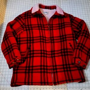 Vintage L.L. Bean Red & Black Plaid Wool Mackinaw Hunting Jacket L Fleece USA